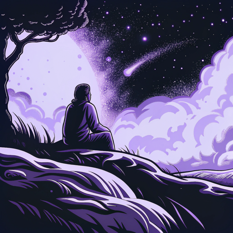 Silhouette of a person sitting alone under a tree, gazing at a starry night sky with a comet and large moon in the background.