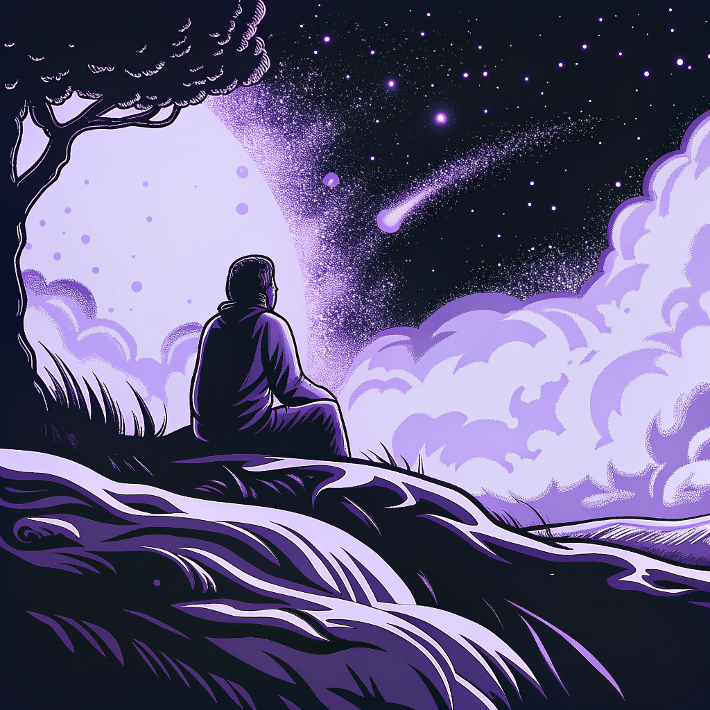 Silhouette of a person sitting alone under a tree, gazing at a starry night sky with a comet and large moon in the background.